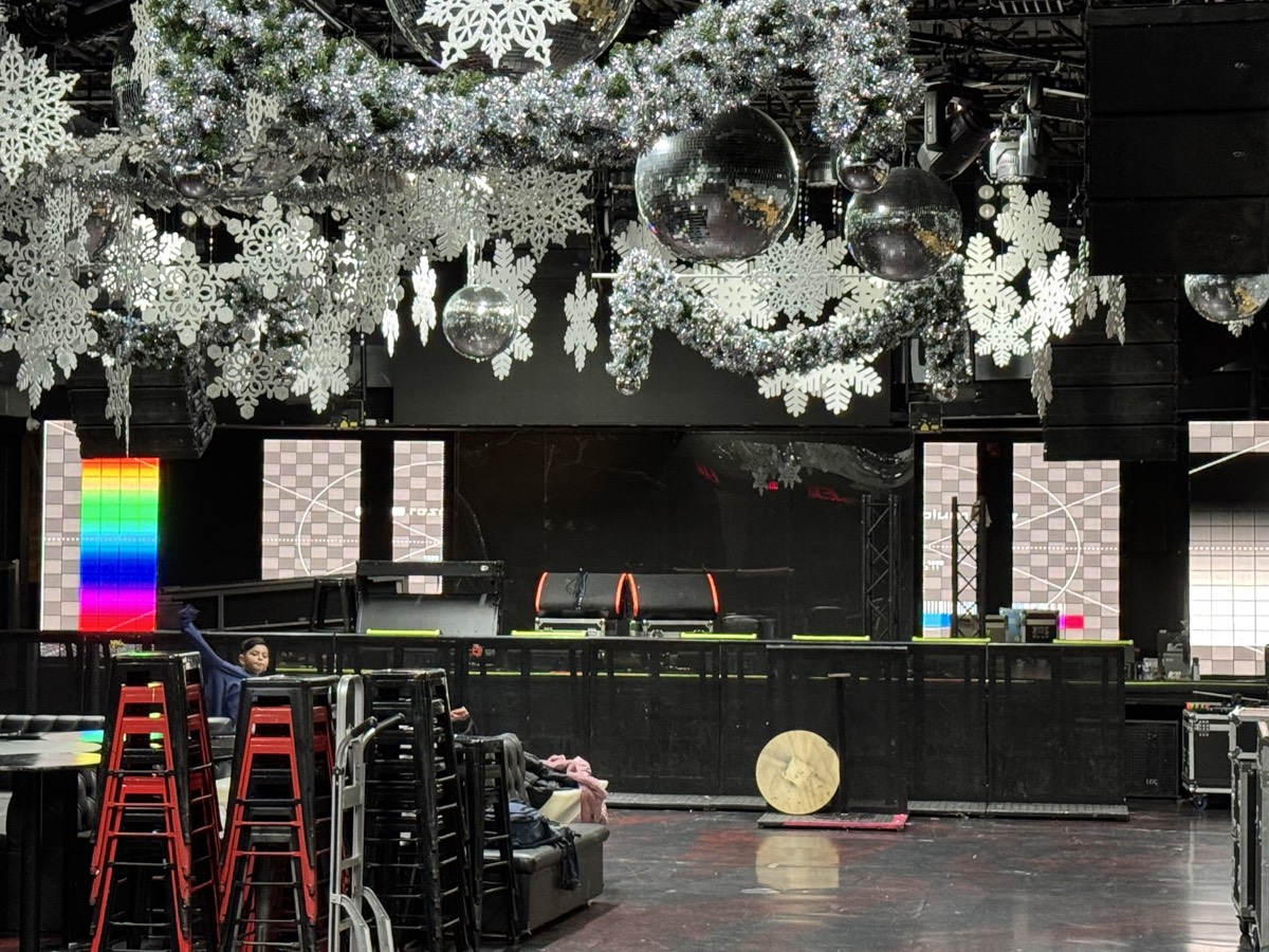 Nightclub LED panels showing test patterns during system commissioning