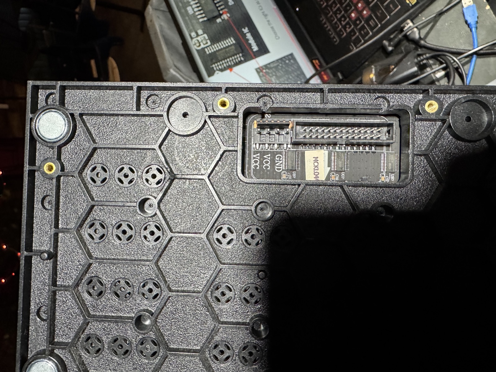 Close up of the rear of an LED panel cabinet showing connectors and frame